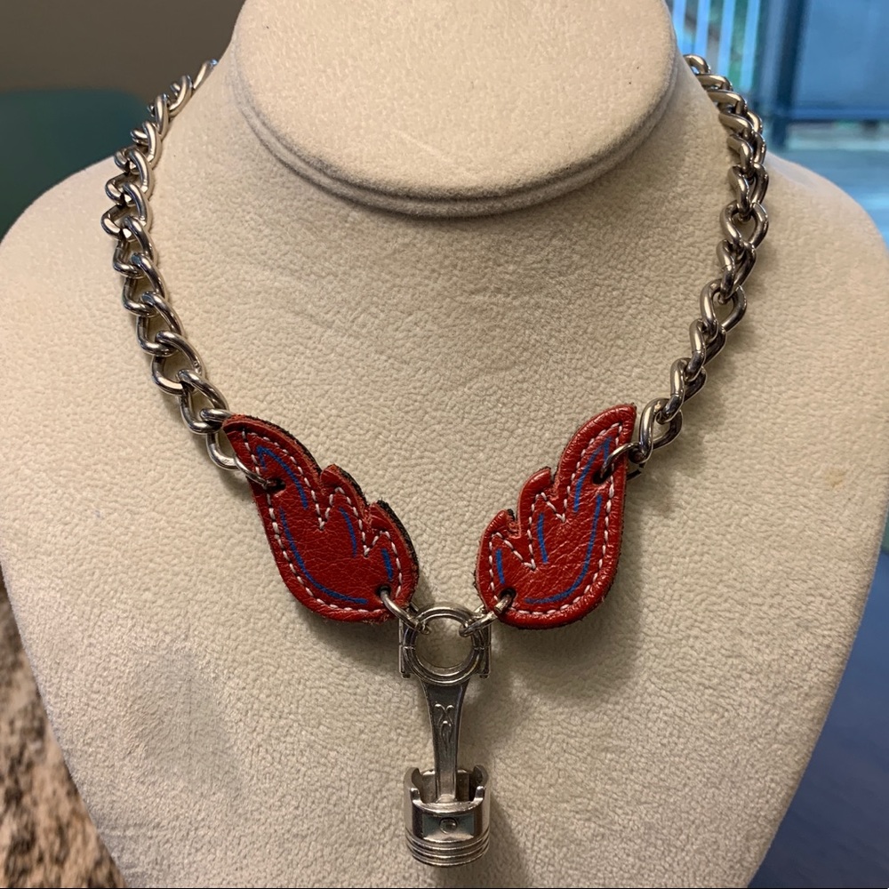 Biker style Piston leather wing chain necklace